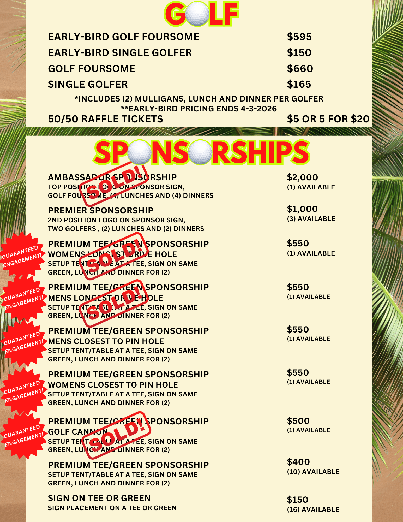 Pricing sheet with palm trees and sand